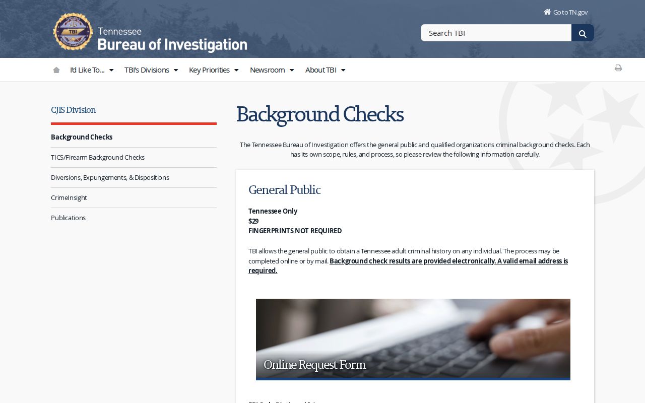 Tennessee Bureau of Investigation official background check channels