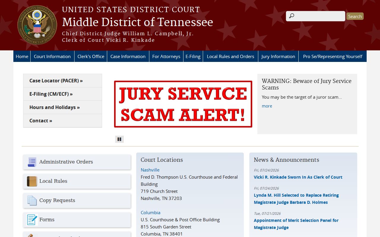 Middle District of Tennessee federal court information for White County cases