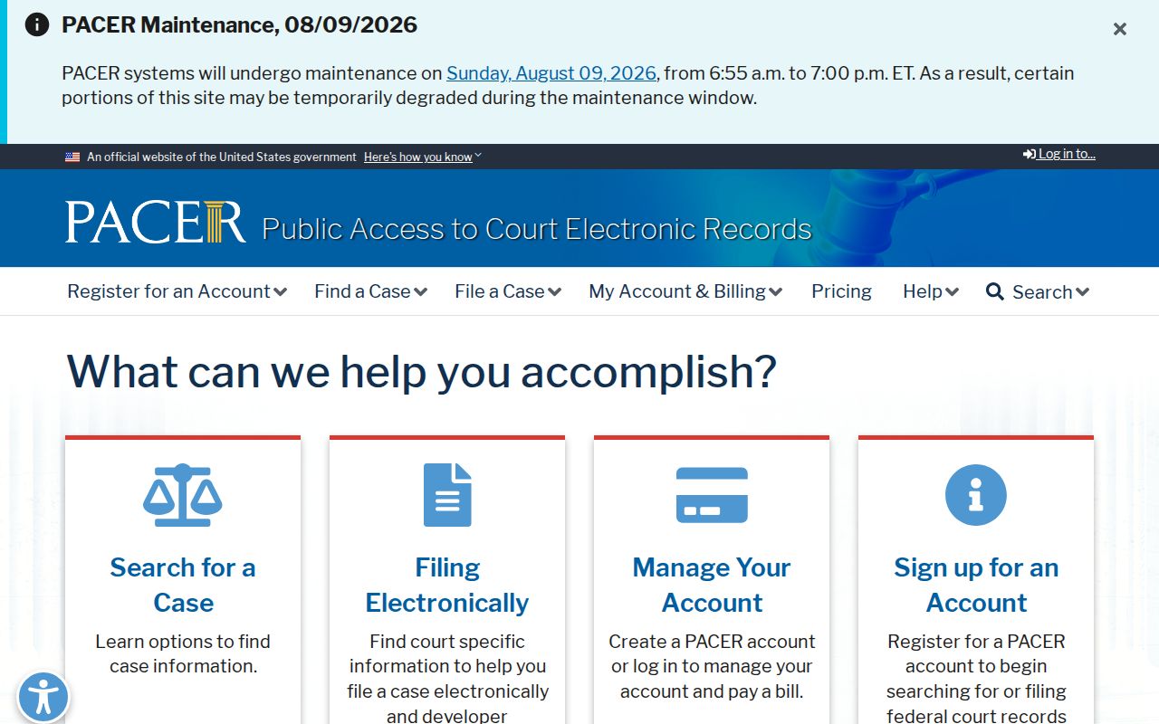 PACER federal docket access page for federal cases connected to White County