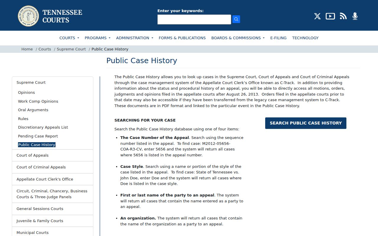Tennessee appellate Public Case History search available to White County users
