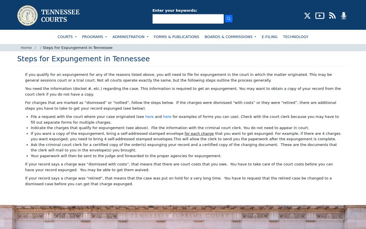 Tennessee courts official expungement filing checklist