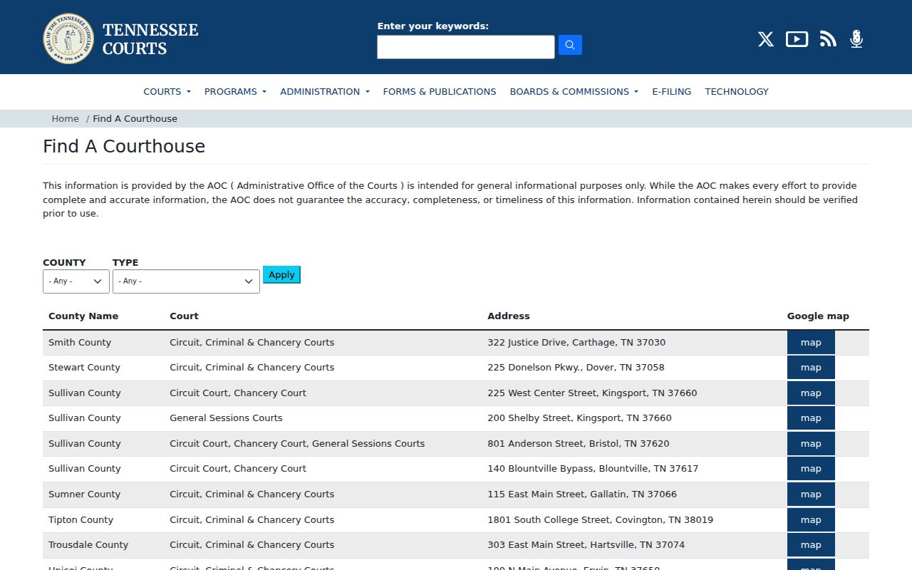 Tennessee courthouse finder showing White County court locations