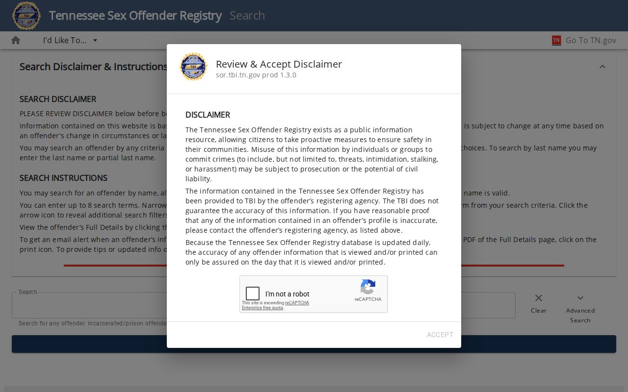 Tennessee Sex Offender Registry search controls used for White County lookups